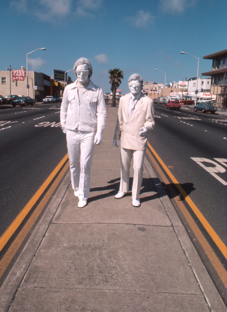 Doug Hall and Jody Procter of the media art collective T. R. Uthco performing *Walking Mission Street* (1972) in San Francisco.