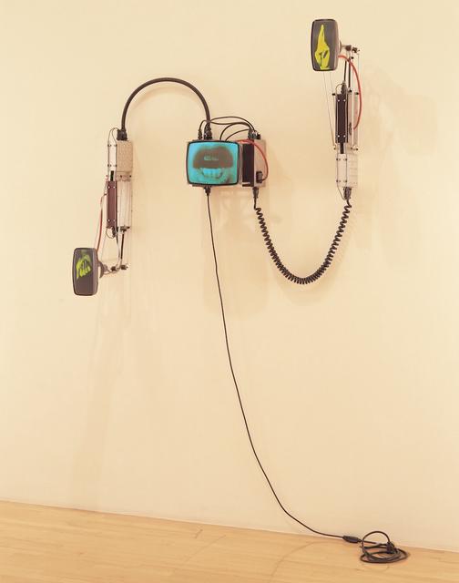 Alan Rath, *Info Glut II*, 1997. Aluminum, acrylic, electronics, and three cathode-ray tubes, 50 x 50 x 18 inches.